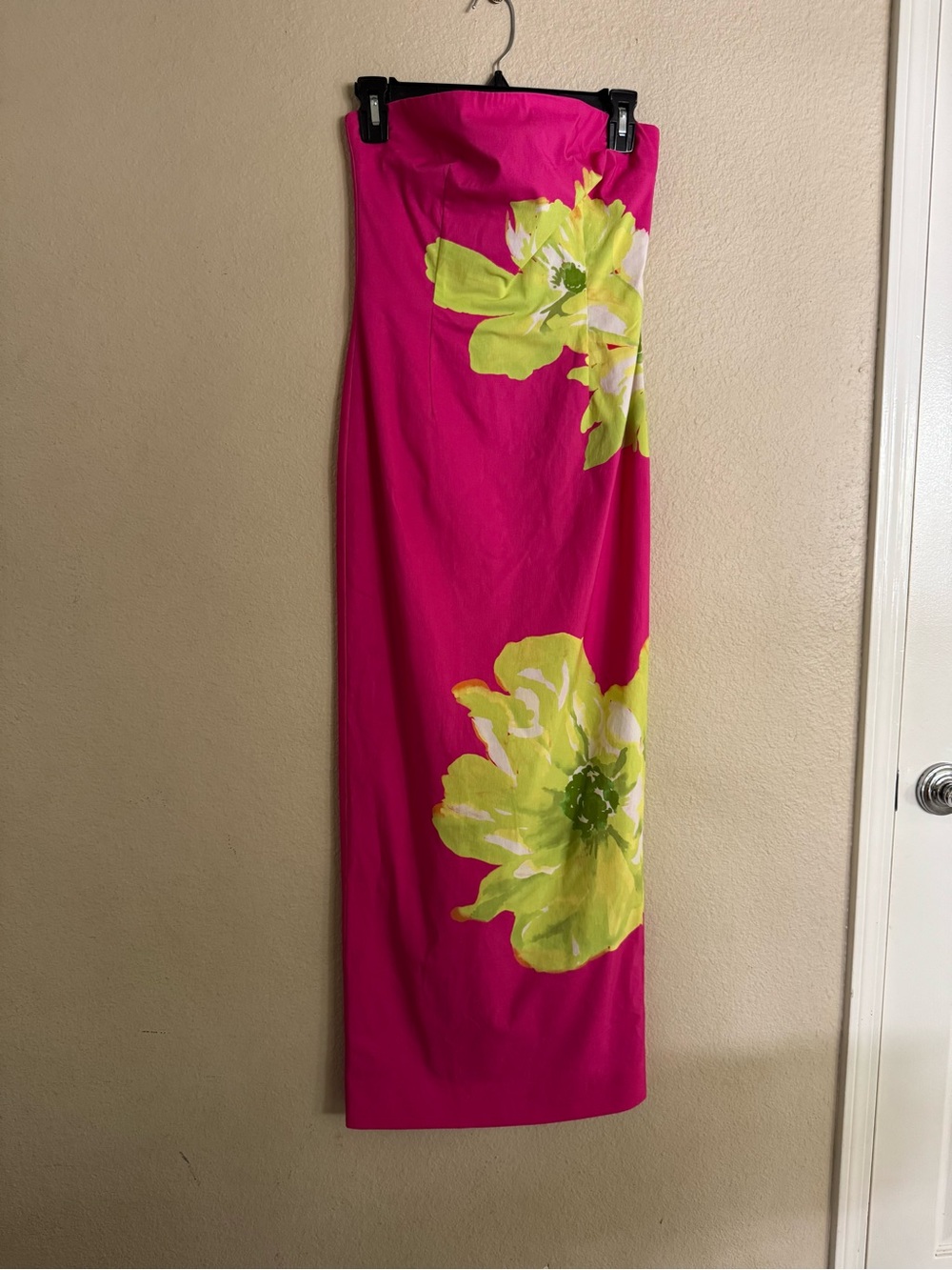 Michael Costello Fuchsia Strapless Maxi Dress with Chartreuse Floral Print